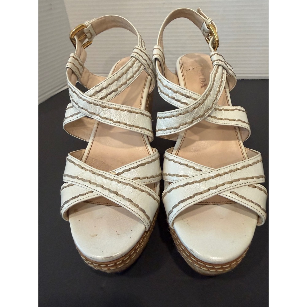 Prada White Whipstitch Leather Espadrille Platform Wedge Sandals Sz 7.5 - Picture 9 of 9